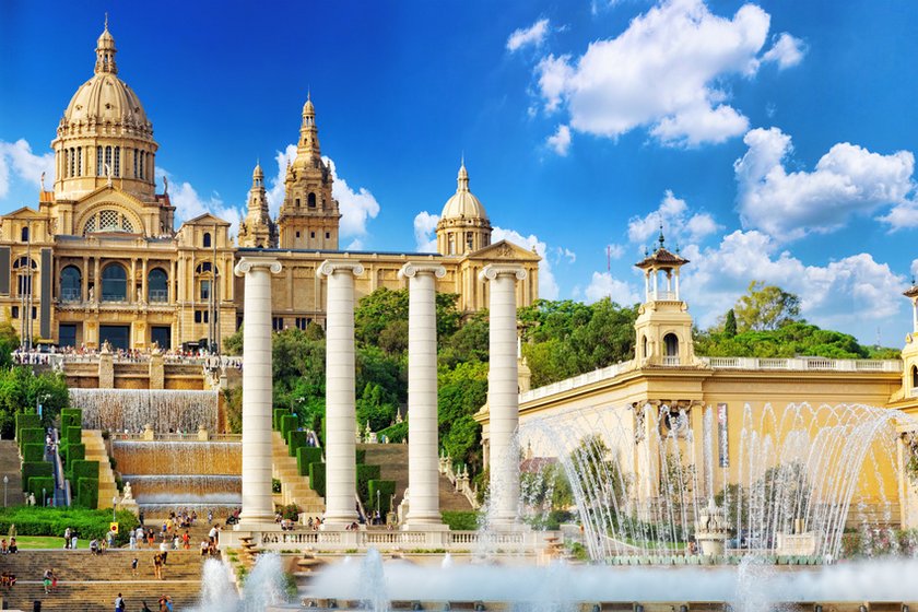 Monjuic in Barcelona: Fountains and stairs leading to the beautiful palace